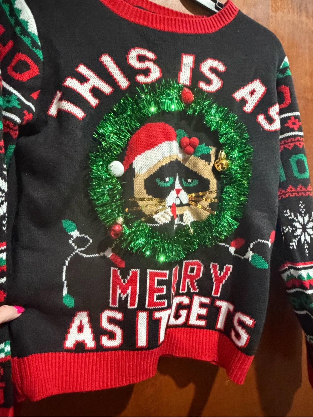 Men's Black Holiday Cat Sweater with Red Trim